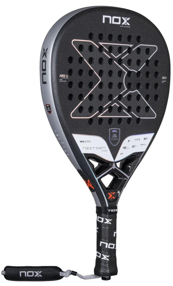 The NOX NFA Nextgen Pro Attack 3K Padel Racket, featuring a bold "X" design and padded wrist strap, is shown on a white background—ideal for serious players seeking top performance. Brand: NOX.