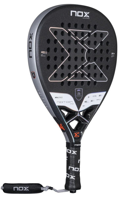The NOX NFA Nextgen Pro Attack 3K Padel Racket, featuring a bold "X" design and padded wrist strap, is shown on a white background—ideal for serious players seeking top performance. Brand: NOX.