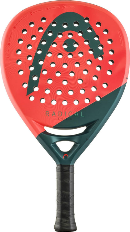 The HEAD Radical Team 2026 Padel Racket features a red and dark green design, round holes, curved logo, black grip handle, and "RADICAL" on the face—ideal for intermediate to advanced players seeking precision.