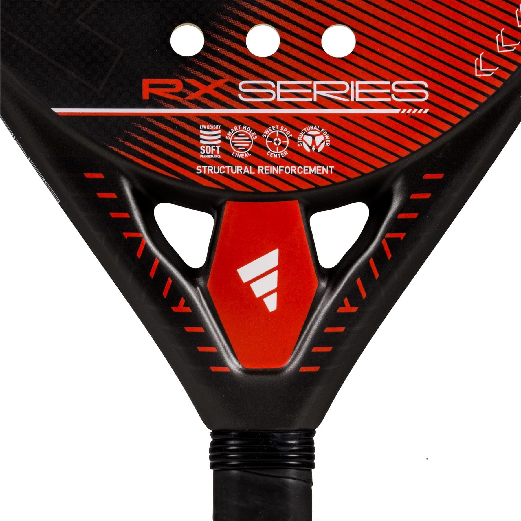 Close-up of the adidas RX Series Red 3.4 Padel Racket, an intermediate black and red racket with "RX SERIES" text, soft foam, structural reinforcement icons, a wrapped handle, and a white adidas logo above the handle.