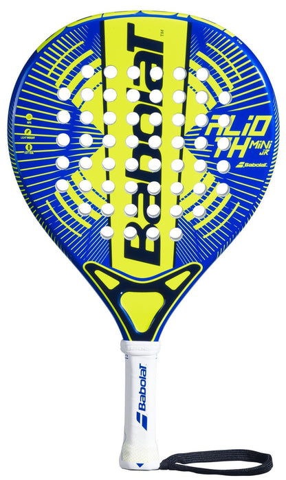 The Babolat Alioth Mini Junior Padel Racket for kids features a blue and yellow design, bold Babolat branding, a white grip with wrist strap, and multiple holes in the head for optimal play.