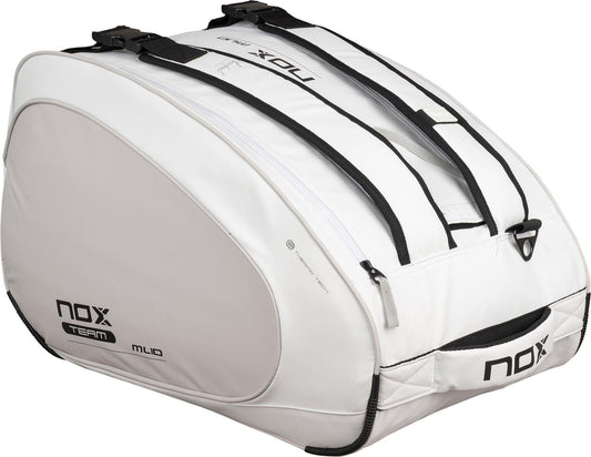 The NOX ML10 Team Padel Racket Bag in white/grey features sturdy top straps, a front handle, and side pocket—perfect for carrying all your sports gear with style.