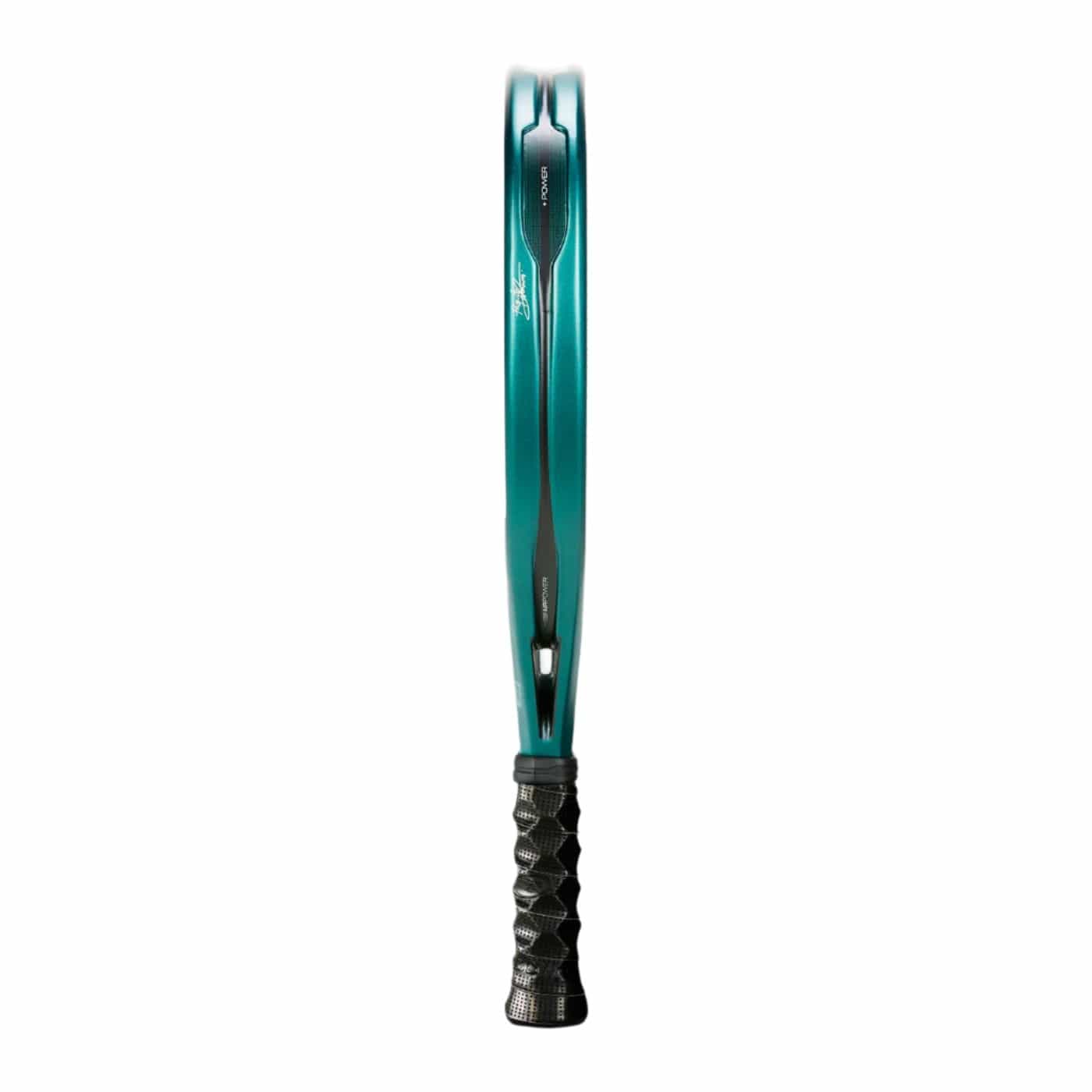 The Bullpadel Hack 04 2025 Padel Racket by Bullpadel is shown vertically from the handle, highlighting its teal frame, visible edges, strings facing inwards, and a black handle with a textured grip for dynamic power.