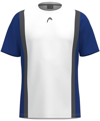 The HEAD Club Tech 25 Men's Padel T-Shirt features short sleeves, a royal blue back, dark blue sleeves, and a white front panel with dark gray stripes. Made from Moisture Transfer Microfiber for optimal breathability and performance.