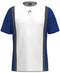 The HEAD Club Tech 25 Men's Padel T-Shirt features short sleeves, a royal blue back, dark blue sleeves, and a white front panel with dark gray stripes. Made from Moisture Transfer Microfiber for optimal breathability and performance.