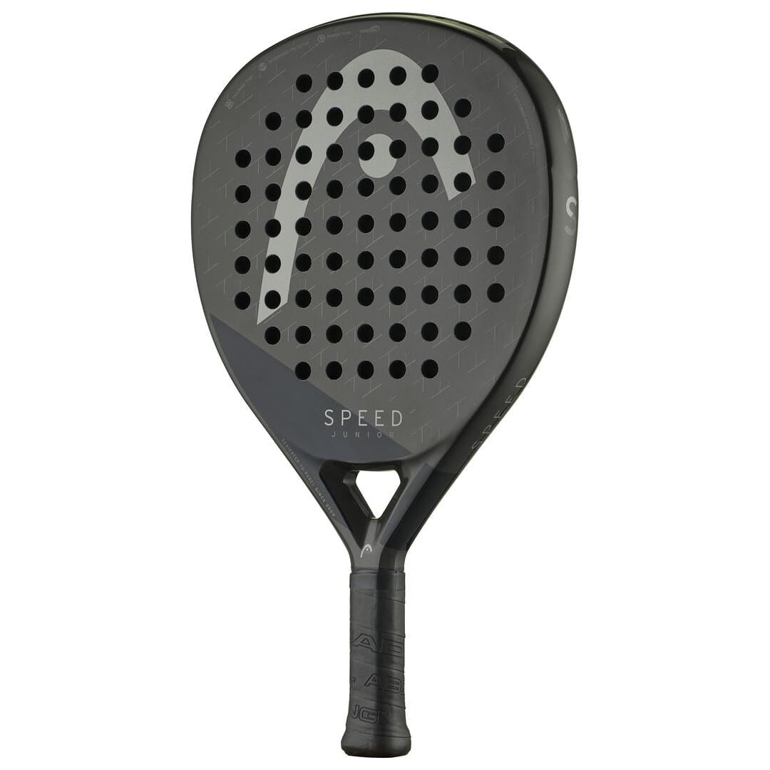 The HEAD Speed Junior 2025 Padel Racket by HEAD is black with a perforated face, Power Foam for enhanced performance, a bold white logo, and "SPEED" printed above the handle.