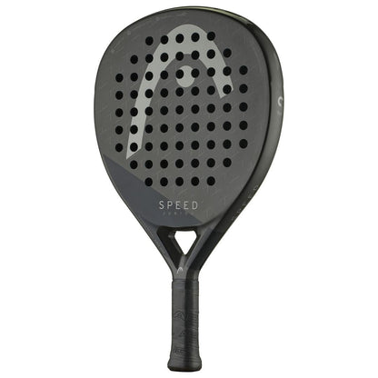 The HEAD Speed Junior 2025 Padel Racket by HEAD is black with a perforated face, Power Foam for enhanced performance, a bold white logo, and "SPEED" printed above the handle.