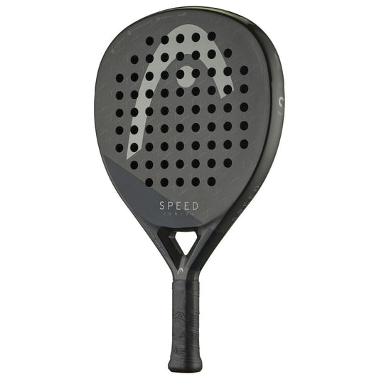 The HEAD Speed Junior 2025 Padel Racket by HEAD is black with a perforated face, Power Foam for enhanced performance, a bold white logo, and "SPEED" printed above the handle.