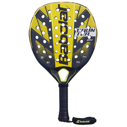 The Babolat Counter Viper Padel Racket combines yellow and black styling with a perforated design, black grip, and "Babolat" wrist strap, delivering power and control for padel players.