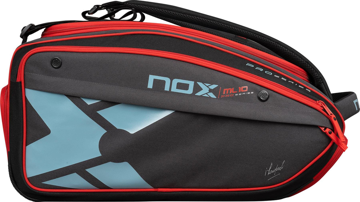 The NOX ML10 Competition XL Compact Padel Racket Bag in black and red features a large light blue "X" and "ML10 Pro Series" on the side—an ideal choice as your go-to padel bag.