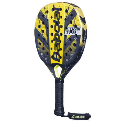 The Babolat Counter Viper Padel Racket features a yellow and black perforated design, branded text, and a black handle with wrist strap. The "Viper" model stands out for its power and control on the court.