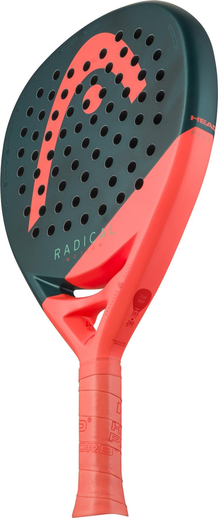 A close-up of the HEAD Radical Motion 2026 Padel Racket by HEAD, showcasing its dark green face with perforated holes, orange accents, and matching handle—ideal for players seeking a lightweight padel racket.