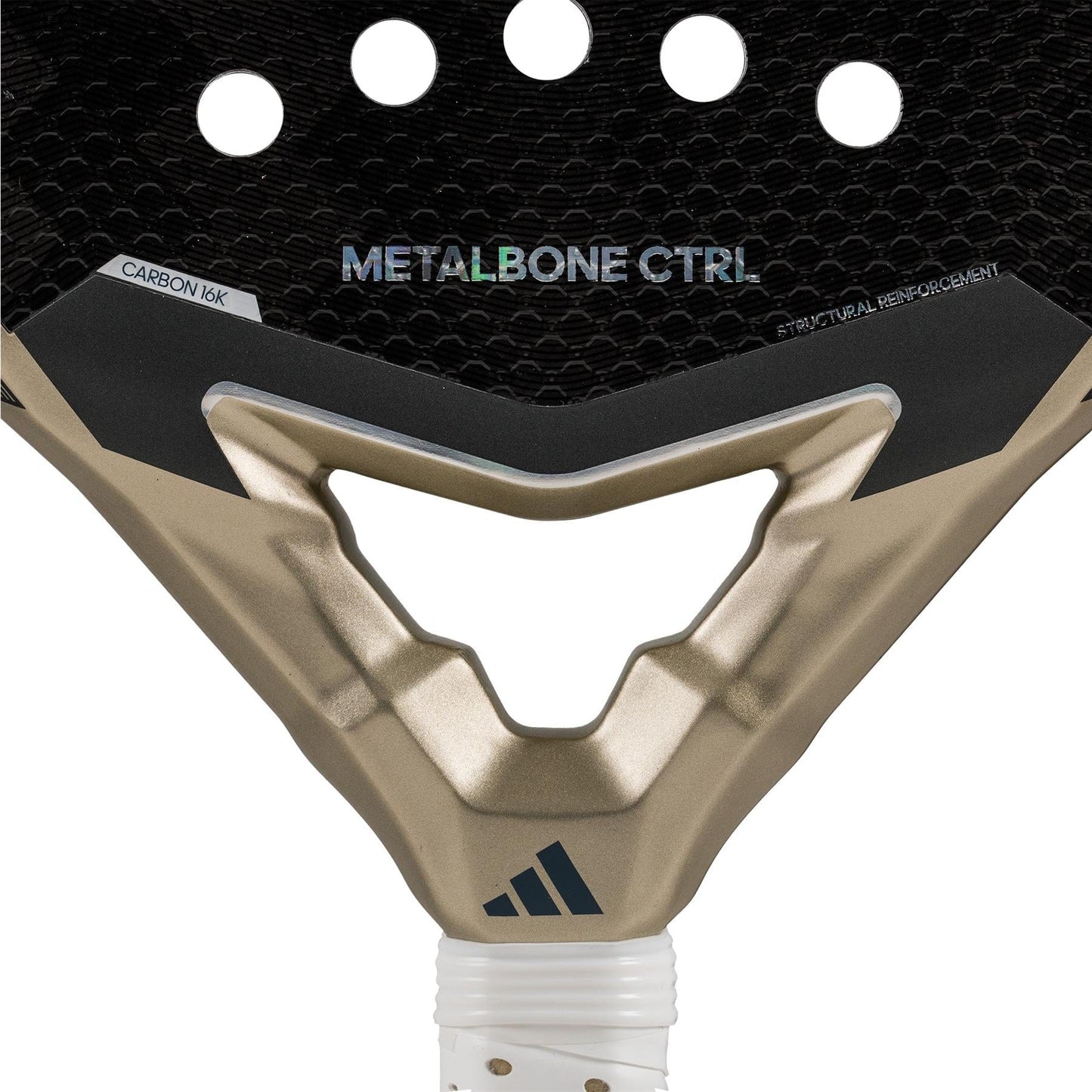 Close-up of the adidas Metalbone CTRL 3.4 Padel Racket's throat, showing "METALBONE CTRL" text, large perforations, a textured carbon fiber surface, and visible Weight and Balance System with the adidas logo at the base.