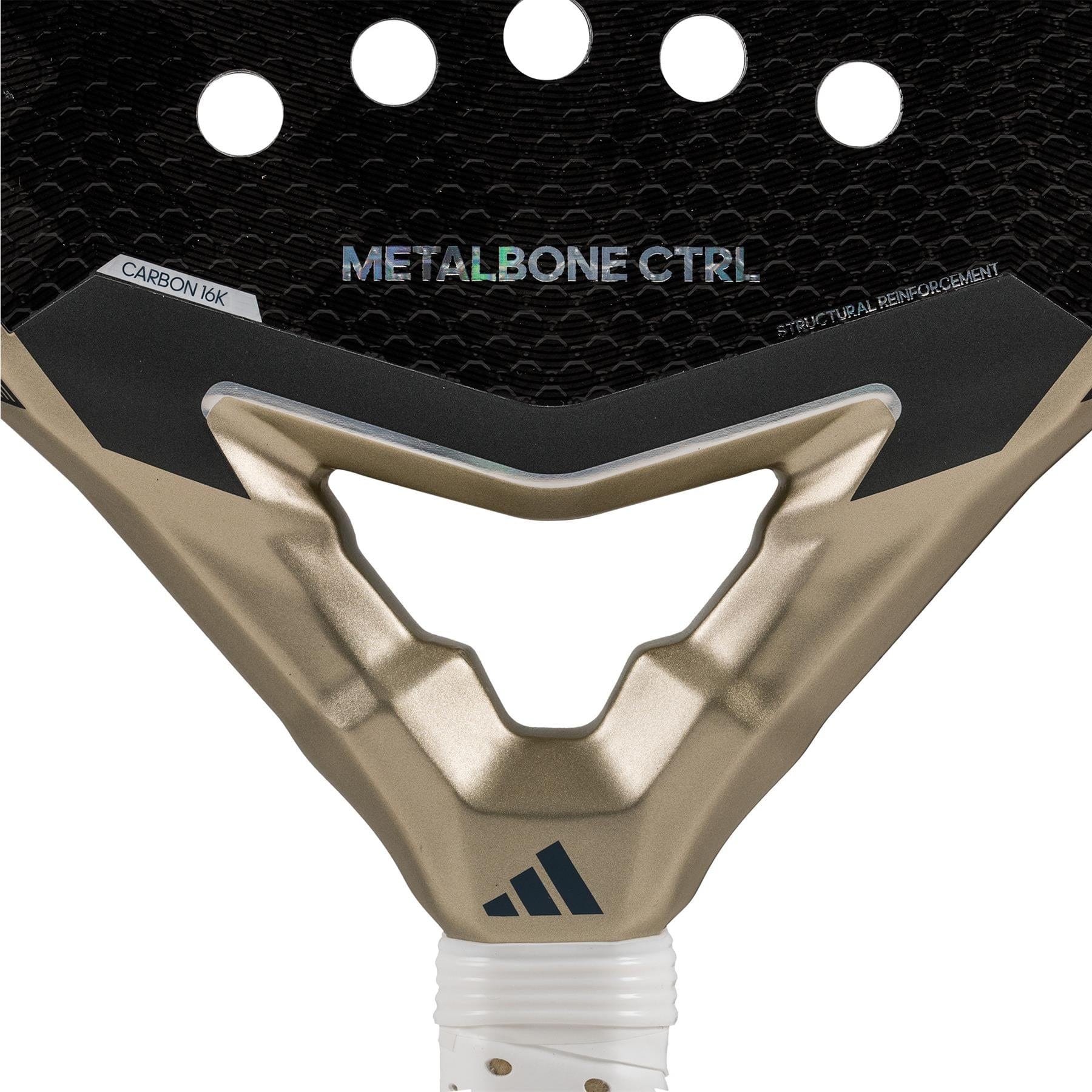 Close-up of the adidas Metalbone CTRL 3.4 Padel Racket's throat, showing "METALBONE CTRL" text, large perforations, a textured carbon fiber surface, and visible Weight and Balance System with the adidas logo at the base.