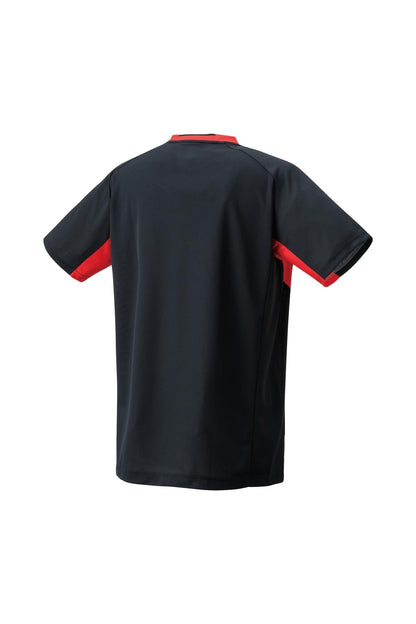 The Yonex 10576 Crew Neck Men's Padel T-Shirt showcases Air Release technology in a black athletic design, accentuated by red details along the sides and collar. Presented from the back against a white background, this short-sleeve shirt offers maximum comfort with its straightforward yet impactful style.