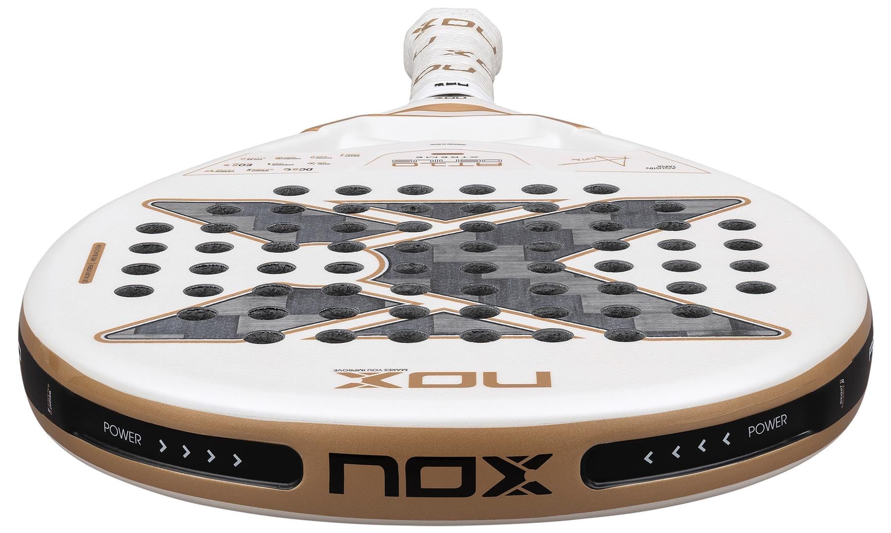 Close-up of the NOX AT10 Genius 12K Alum Extrem By Agustín Tapia 2026 padel racket, featuring a bold black "X" design with holes, gold accents, and "POWER" and "NOX" printed on the edge—Agustín Tapia's signature style.