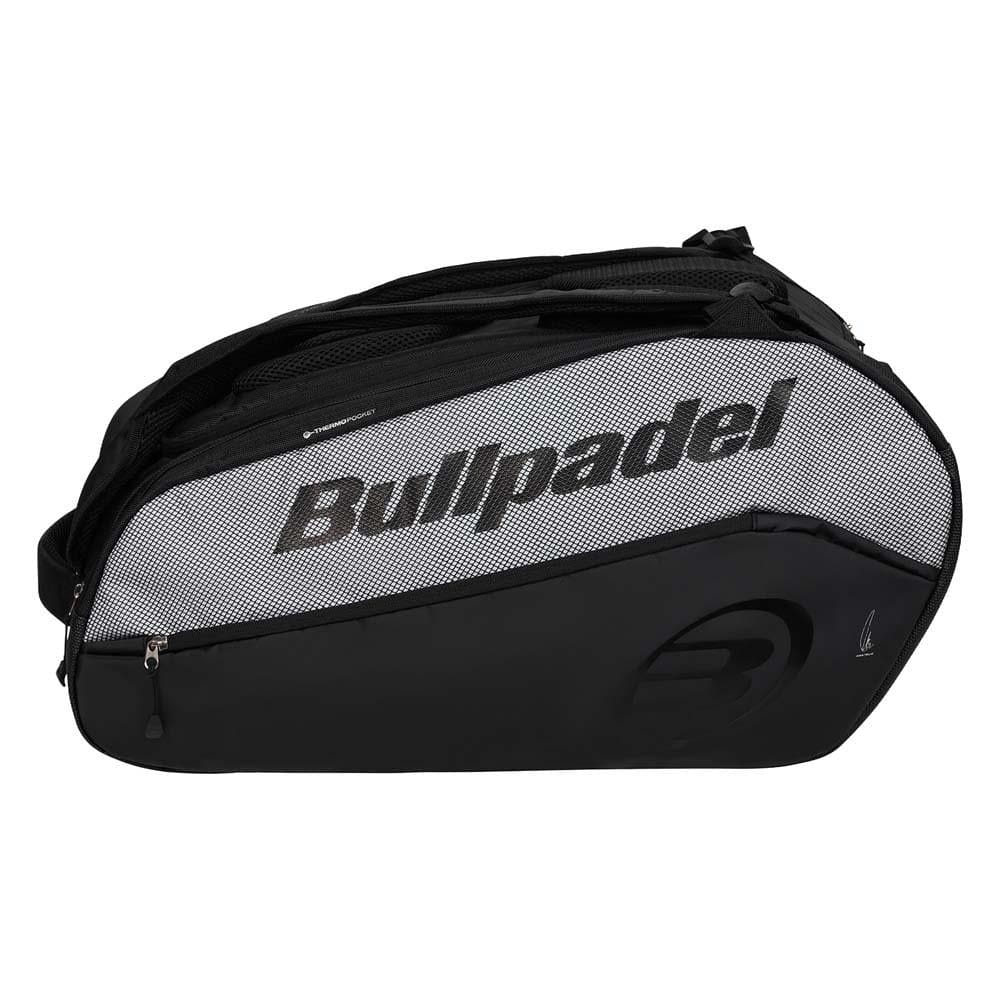 The Bullpadel BPP26001 Vertex Padel Racket Bag in black features multiple compartments, a secure zipper closure, and a large Bullpadel logo, making it ideal for carrying your padel equipment.