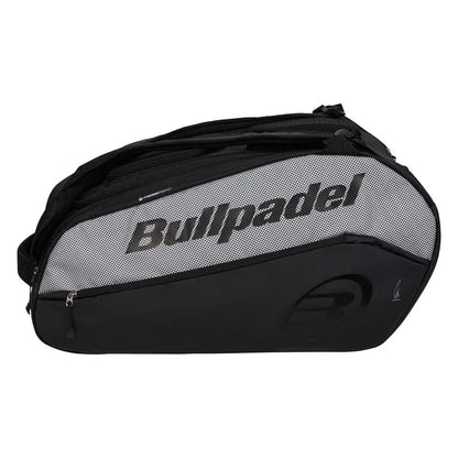 The Bullpadel BPP26001 Vertex Padel Racket Bag in black features multiple compartments, a secure zipper closure, and a large Bullpadel logo, making it ideal for carrying your padel equipment.