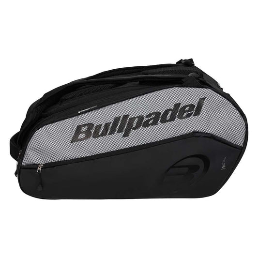 The Bullpadel BPP26001 Vertex Padel Racket Bag in black features multiple compartments, a secure zipper closure, and a large Bullpadel logo, making it ideal for carrying your padel equipment.