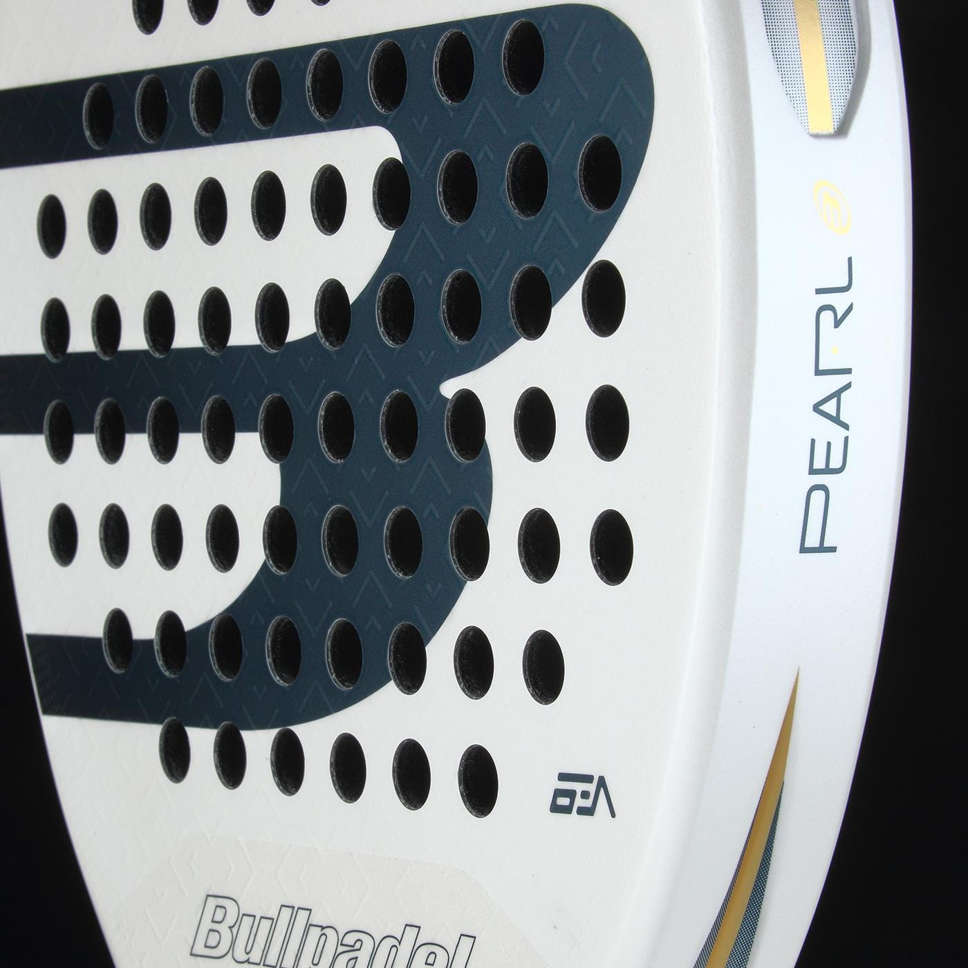 Close-up of the Bullpadel Pearl 2026 Padel Racket by Bullpadel, featuring a perforated surface, logo, and "Pearl" on the side with black and gold accents—lightweight design reduces arm fatigue.