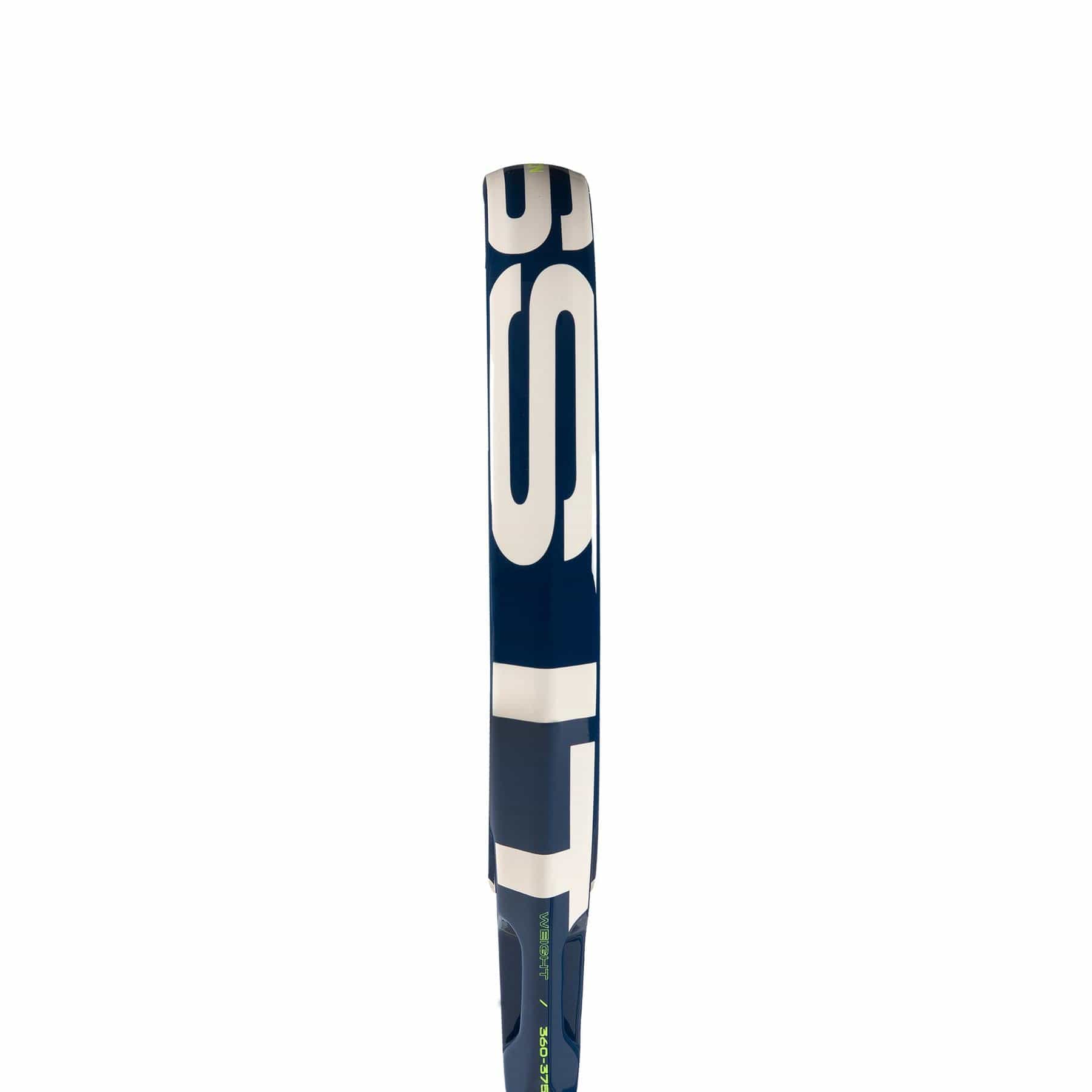 A close-up side view of the adidas Cross It Carbon CTRL Padel Racket, highlighting its blue and white frame with visible carbon fibre details against a plain white background.