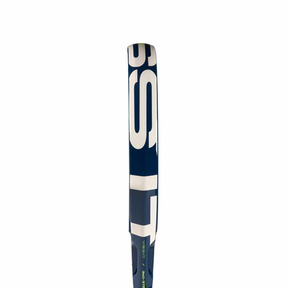 A close-up side view of the adidas Cross It Carbon CTRL Padel Racket, highlighting its blue and white frame with visible carbon fibre details against a plain white background.