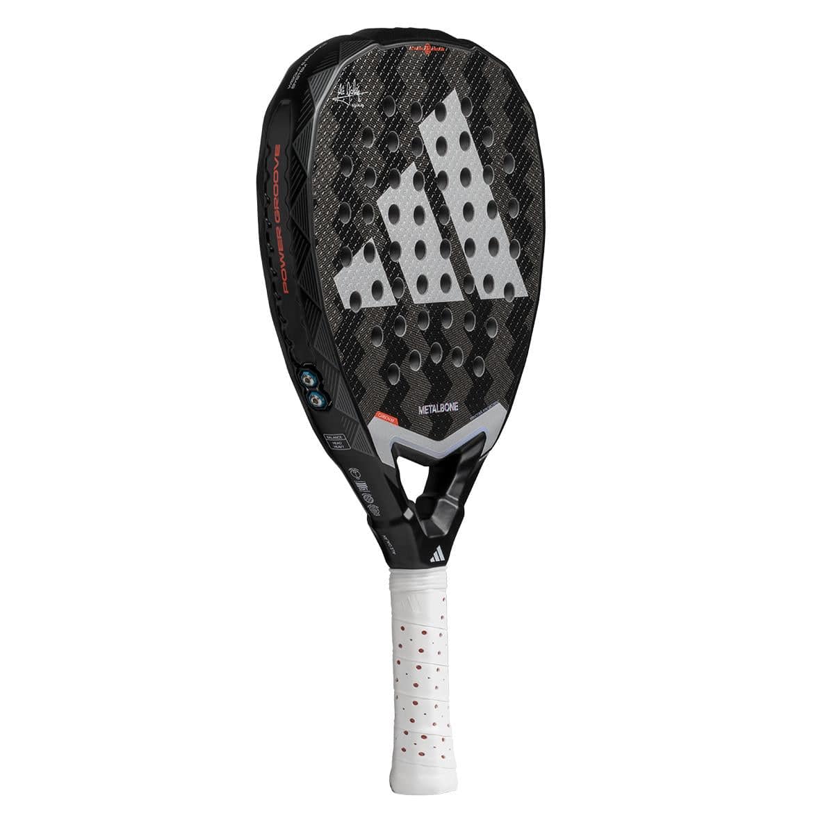 The adidas Metalbone 3.4 Padel Racket features a black frame, white handle, bold white adidas stripes, and red and gray accents. Designed for advanced players, this power racket has a perforated face for optimal performance.