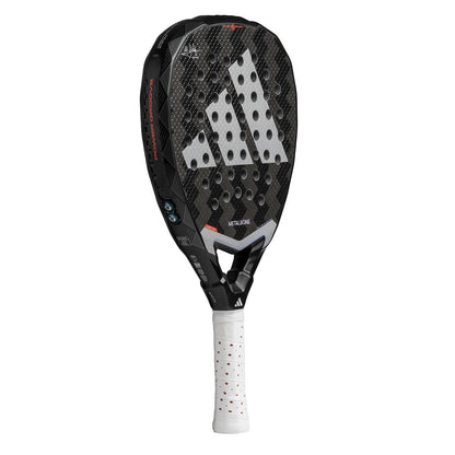 The adidas Metalbone 3.4 Padel Racket features a black frame, white handle, bold white adidas stripes, and red and gray accents. Designed for advanced players, this power racket has a perforated face for optimal performance.