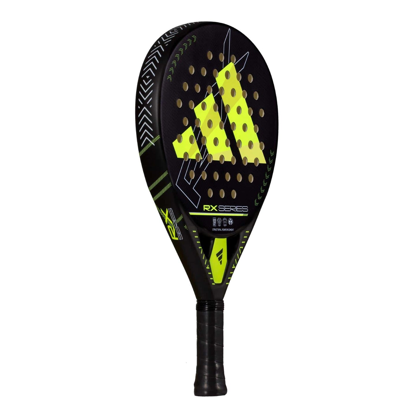 The adidas RX Series Lime 3.4 Padel Racket is black with neon yellow accents, geometric patterns, the adidas logo, and "RX SERIES" on the face. Designed for intermediate players, it features a black grip tape handle.