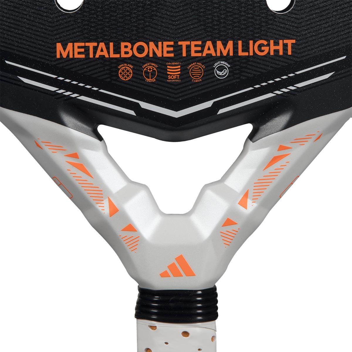 Close-up of the adidas Metalbone Team Light 2026 Padel Racket for advanced players, featuring black and white geometric designs, an adidas logo by the handle, and "METALBONE TEAM LIGHT" in bold orange text.
