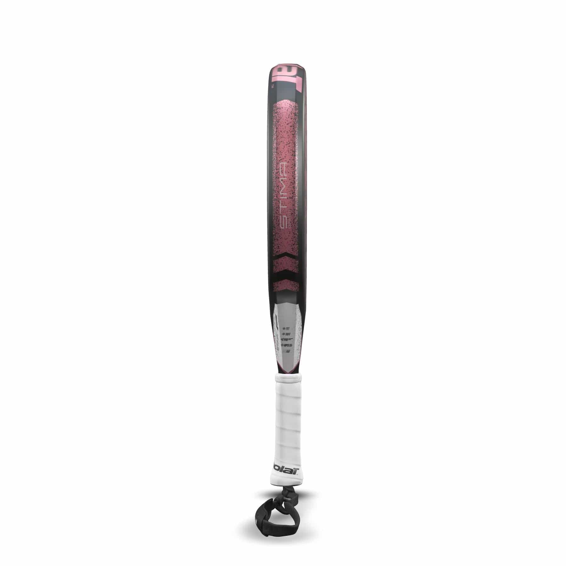 A black and pink Babolat Stima Spirit Padel Racket stands upright against a white background, featuring a white grip, black base, and the brand name "Babolat" visible on the frame. Its sleek design highlights its lightweight build.