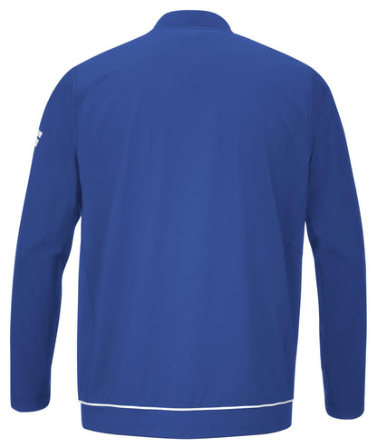 The Babolat Play Men's Padel Jacket in Sodalite Blue displays its elegant design from the back, showcasing long sleeves and a collar. Made from recycled polyester for an eco-friendly choice, the jacket features a subtle logo on the upper arm and is accented with a thin white stripe near the hem for added style.