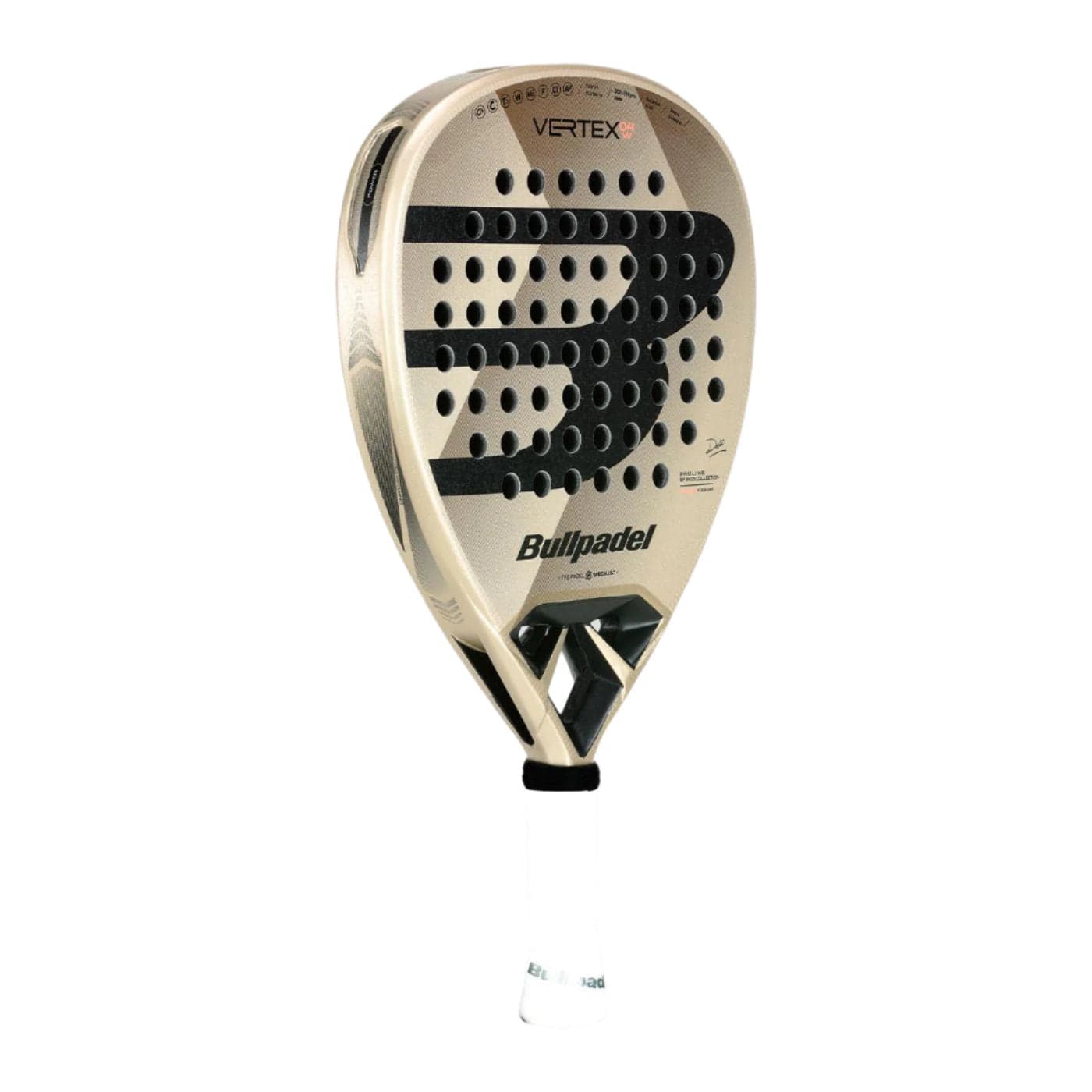 The Bullpadel Vertex 04 W 2025 Padel Racket, in beige with a black textured design and white grip, stands upright on a plain white background—perfect for advanced players seeking top performance.