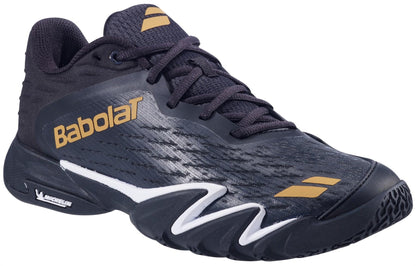 The Babolat Premura 3 Men's Padel Shoes in black and gold feature the Babolat logo, a textured upper, and a durable Michelin sole—engineered for top padel performance.