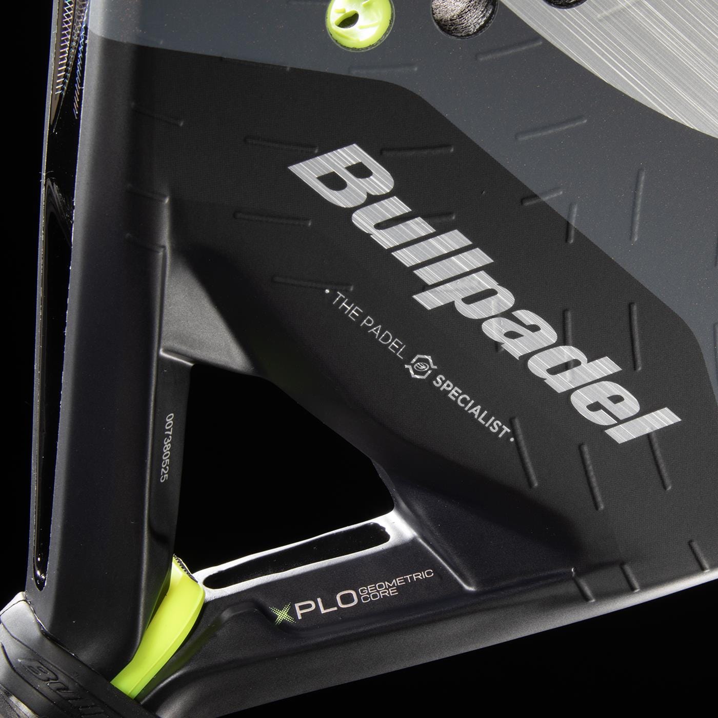Close-up of the Bullpadel XPLO 2026 Padel Racket, showcasing the Bullpadel logo along with "The Padel Specialist" and "X-PLOR GEOMETRIC CORE" on its striking black and neon yellow design.