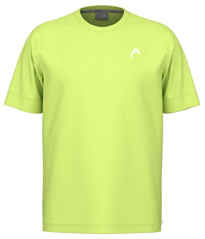 The HEAD Slice II Men's Padel T-Shirt - LL in lime green features short sleeves, a round neckline, and a small white logo on the left chest. Crafted from 100% polyester interlock with Moisture Transfer Microfiber technology, it offers enhanced comfort and style.