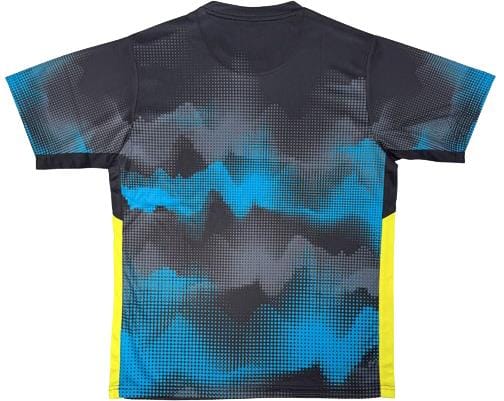 The Yonex YTL2025B Womens Padel T-Shirt in black features sports fabric with a blue digital pattern on the back and breathable yellow side panels.