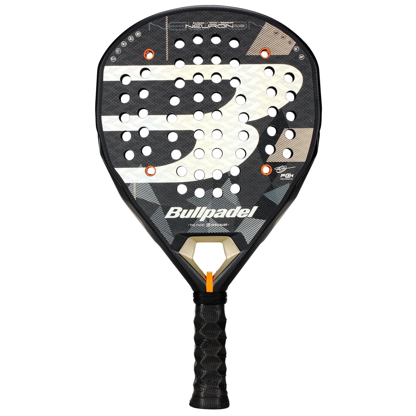 The Bullpadel Neuron 02 2026 Padel Racket is a professional black racket with a large "B" logo, multiple round holes on the face, textured grip handle, and sleek white and gray design accents.