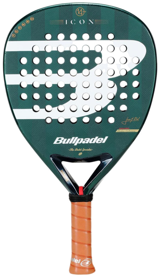 The Bullpadel Icon 2026 Padel Racket features a green and black face with white patterned holes, an orange grip, and "Bullpadel" displayed on the front. Inspired by Juan Martín Díaz.
