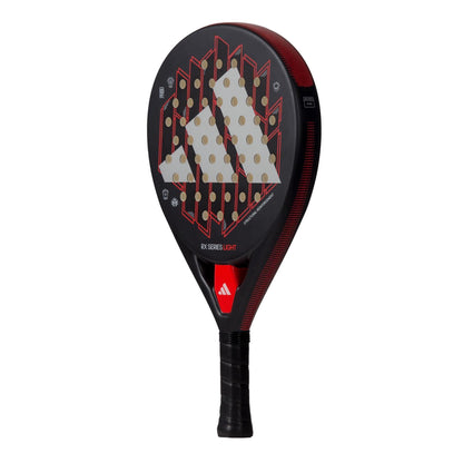 The adidas ADIDAS RX Series Light Padel Racket is a stylish black and red racket with a large white logo, multiple circular holes, and a black grip—lightweight and perfect for every match.