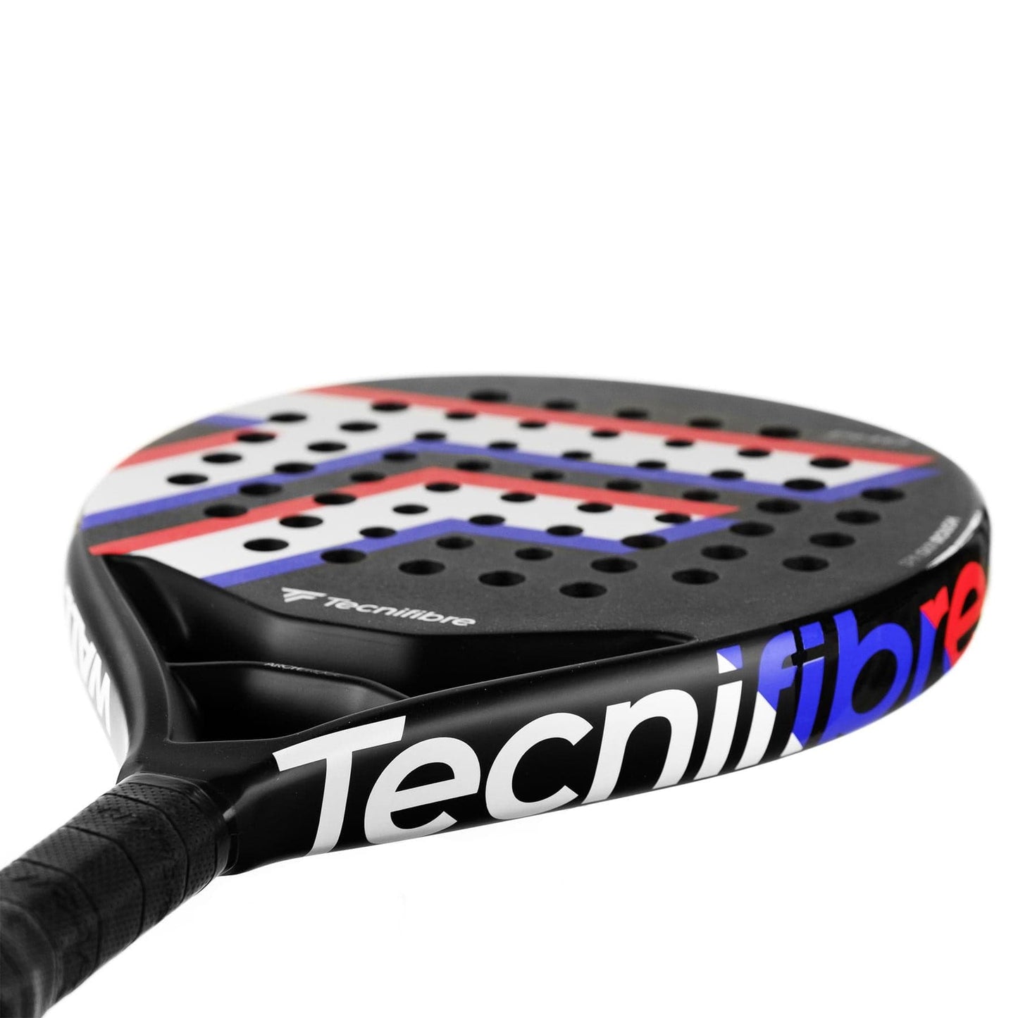 A close-up of the Tecnifibre Wall Master 365 Padel Racket features its black, white, red, and blue design, prominent Tecnifibre branding on the side, and perforated racket face engineered for maximum precision.