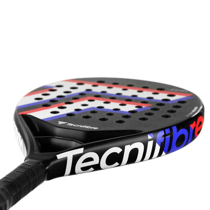 A close-up of the Tecnifibre Wall Master 365 Padel Racket features its black, white, red, and blue design, prominent Tecnifibre branding on the side, and perforated racket face engineered for maximum precision.