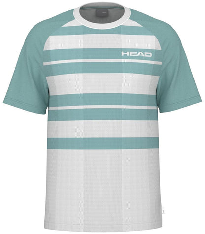 The HEAD Performance Mens Padel T-Shirt - XPAQ boasts a green and white design with chest and sleeve stripes, crafted from moisture-transfer microfiber. It is enhanced by the HEAD logo on the upper right for an athletic look.