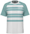 The HEAD Performance Mens Padel T-Shirt - XPAQ boasts a green and white design with chest and sleeve stripes, crafted from moisture-transfer microfiber. It is enhanced by the HEAD logo on the upper right for an athletic look.