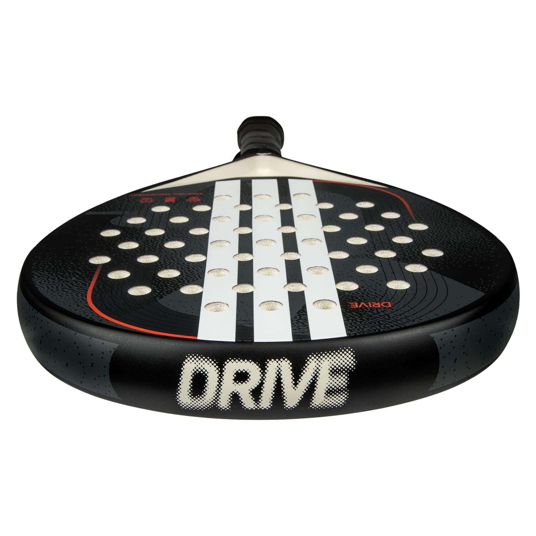 Close-up of the adidas Drive Black 3.4 Padel Racket featuring a fibreglass build, white "DRIVE" label, circular holes, and bold stripe pattern—perfect for beginners. The handle appears at the top.