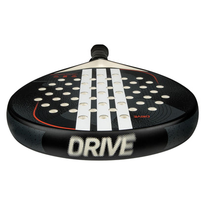 Close-up of the adidas Drive Black 3.4 Padel Racket featuring a fibreglass build, white "DRIVE" label, circular holes, and bold stripe pattern—perfect for beginners. The handle appears at the top.
