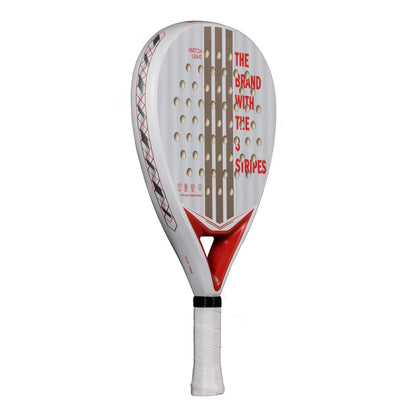 The adidas Match Light 3.4 Padel Racket features a white design with beige and red accents, "THE BRAND WITH THE 3 STRIPES" on the face, a white grip, and is ideal for beginners.