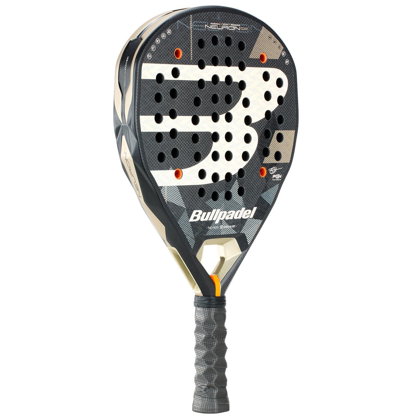 The Bullpadel Neuron 02 2026 Padel Racket features a black and grey design, textured surface, large "B" logo, multiple face holes, and a black grip handle, displayed against a white background.