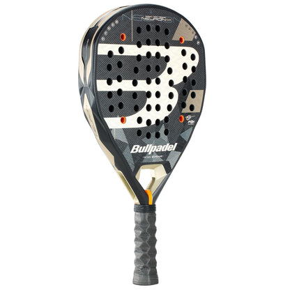 The Bullpadel Neuron 02 2026 Padel Racket features a black and grey design, textured surface, large "B" logo, multiple face holes, and a black grip handle, displayed against a white background.