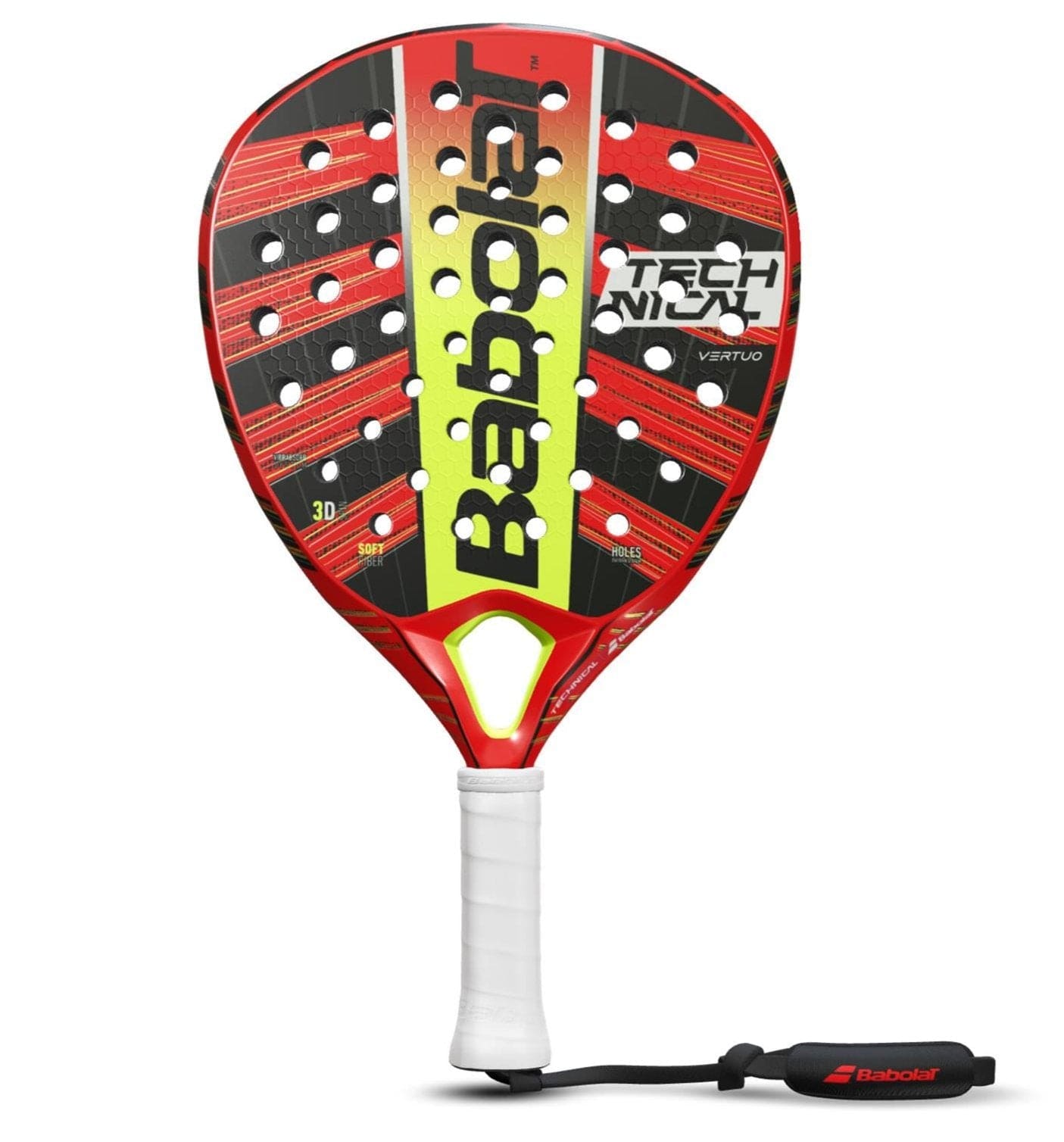 The Babolat Technical Vertuo Padel Racket by Babolat features a red and black design with a yellow center stripe, multiple holes, a white grip, and a black wrist strap, offering power and precision.